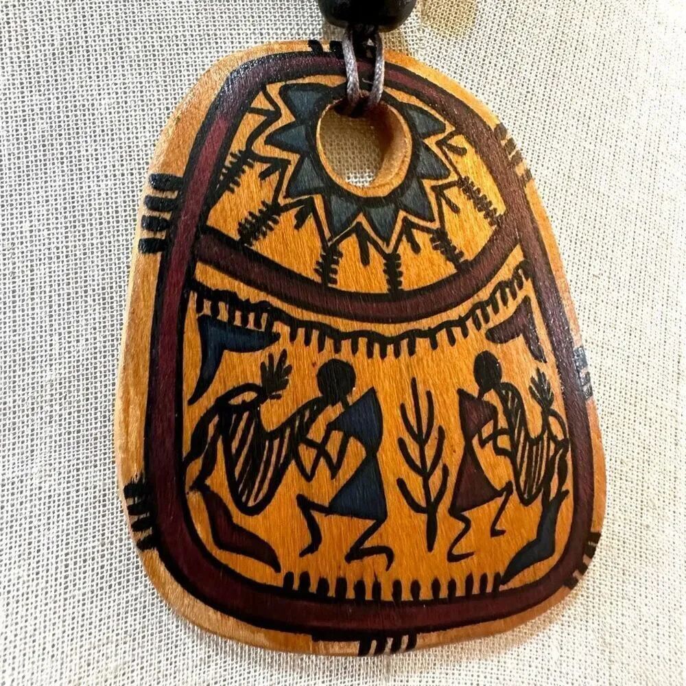 Wooden tribal design pendant necklace